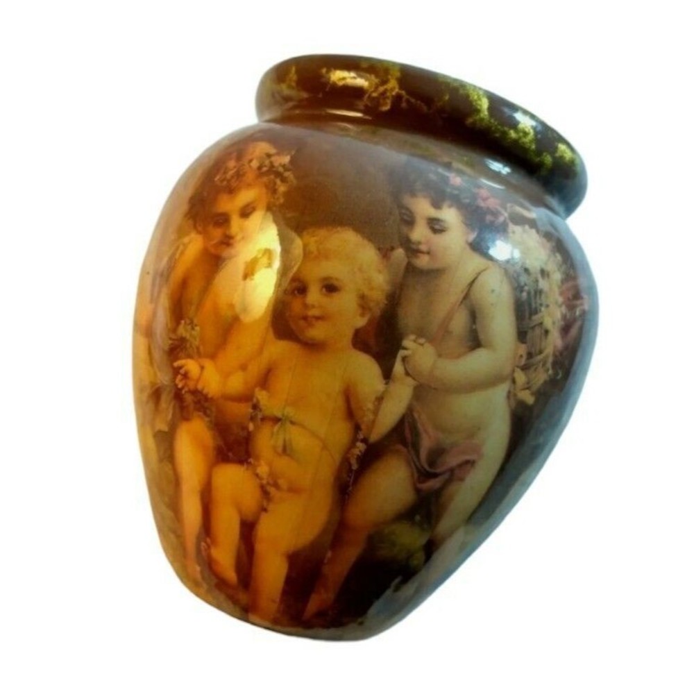 1995 Enesco Cherub Angel Vase Brown Gold Ceramic 5'' tall